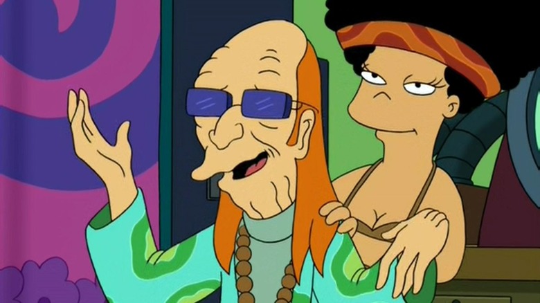 A hippie version of Professor Farnsworth wearing tie-dye clothes with sunglasses as he gets a back massage from Amy in "Futurama"