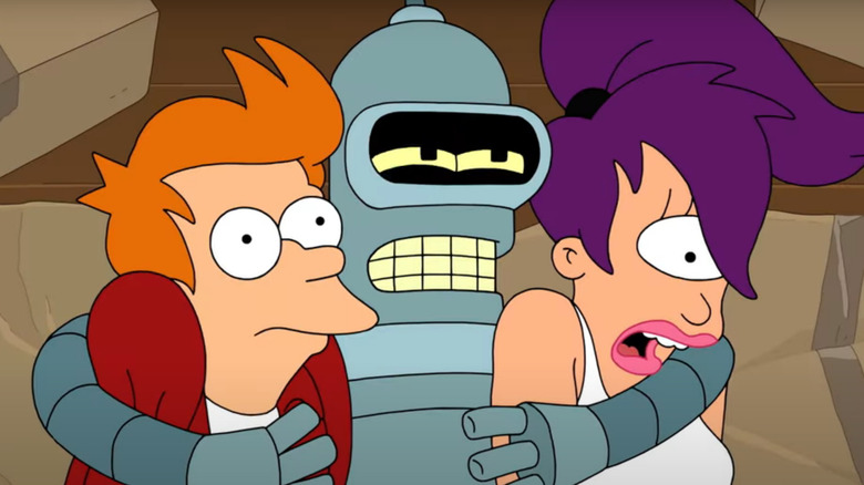 Bender hugs Fry and Leela 