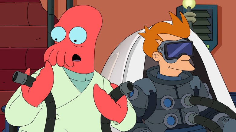 Zoidberg hooking Fry up to a machine