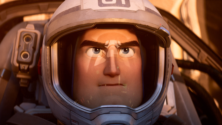 Buzz with helmet on and determined face
