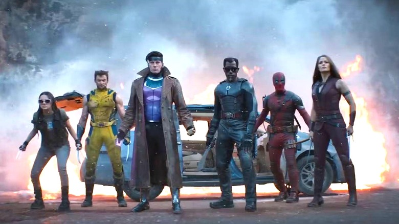 Gambit standing with X-23, Wolverine, Blade, Deadpool, and Elektra in Deadpool & Wolverine (2024)