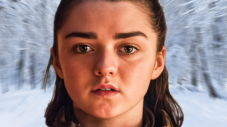 Arya Stark looking intense in front of snowy landscape