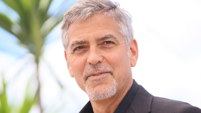 Clooney next to palm tree