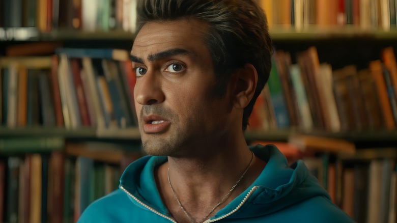 Kumail Nanjiani wears a blue hoodie