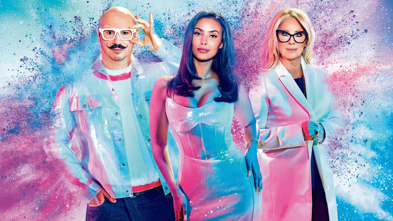 Dominic Skinner, Maya Jama, and Val Garland in front of a colorful background