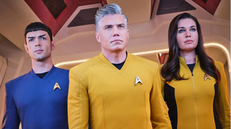 Spock, Pike, and Number One on the bridge