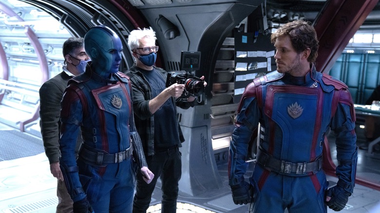 Karen Gillan, James Gunn, and Chris Pratt on set