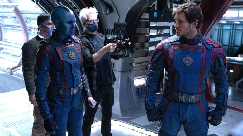 Karen Gillan, James Gunn, and Chris Pratt on set