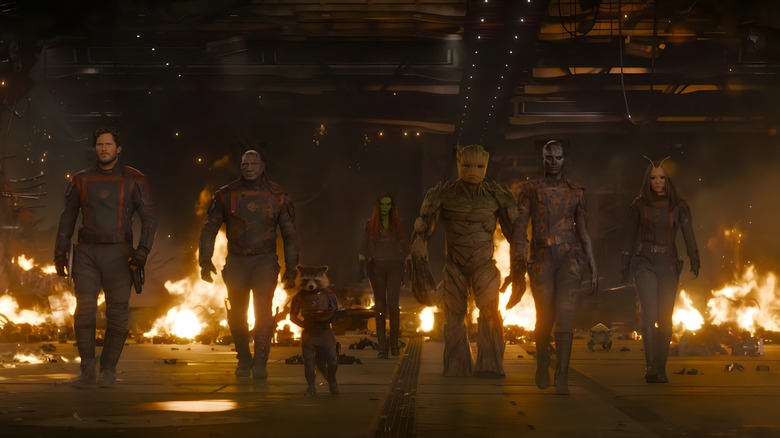Guardians of the Galaxy walking in flaming building