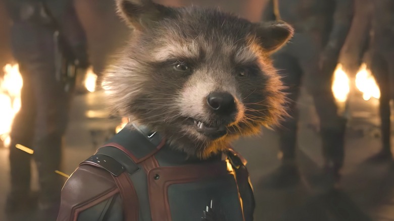 Rocket Raccoon turns to look at the camera with fire behind him