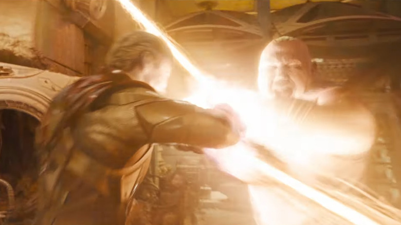 Will Poulter and Dave Bautista fighting