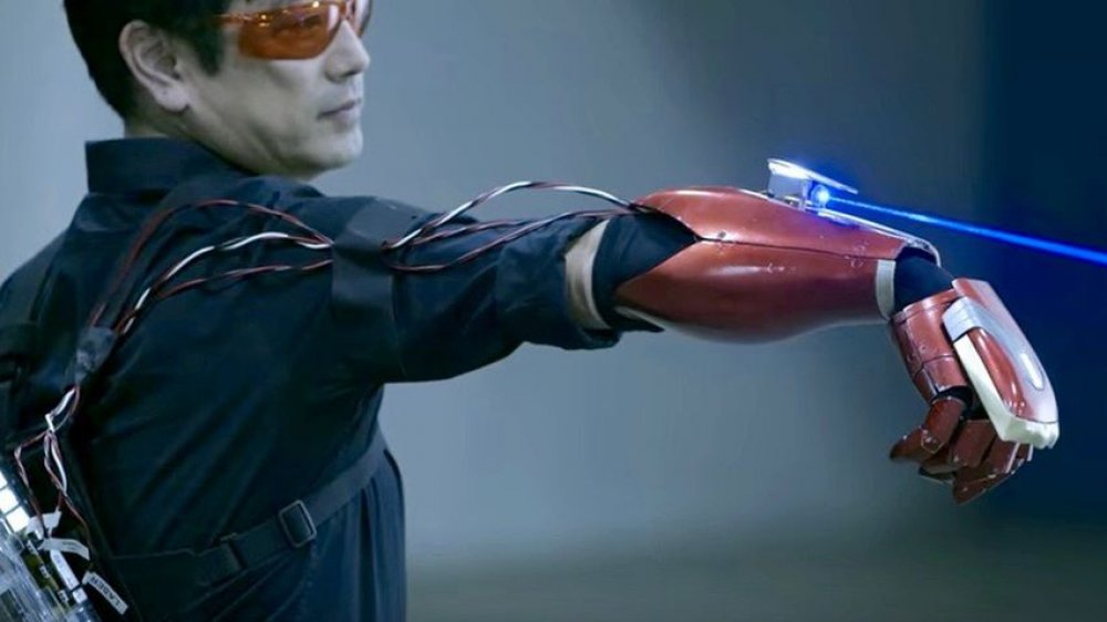 Grant Imahara using his Iron Man gauntlet