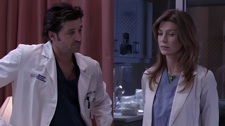 Derek and Meredith standing together scrubs
