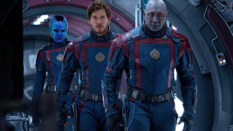 Nebula, Star-Lord, and Drax all suited up in Guardians of the Galaxy Vol. 3 (2023)
