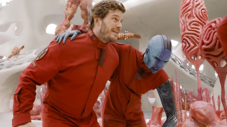 Star-Lord and Nebula holding each other