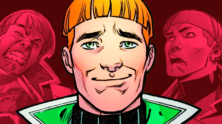 Smiling Guy Gardner against a backdrop of red Guy Gardners making faces