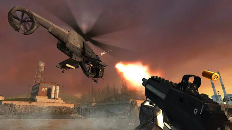 Gordon Freeman shoots a helicopter