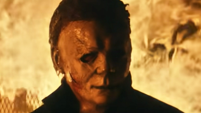 Michael Myers backlit by fire