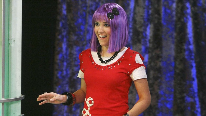 Lilly Truscott wearing purple wig on Hannah Montana