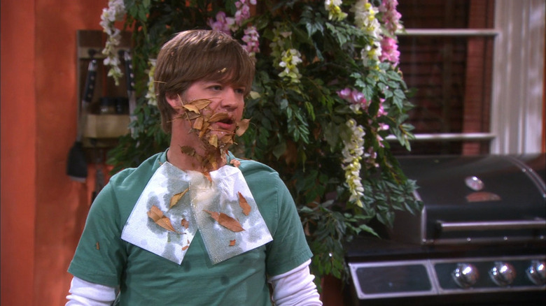 Jackson Stewart covered in leaves on Hannah Montana