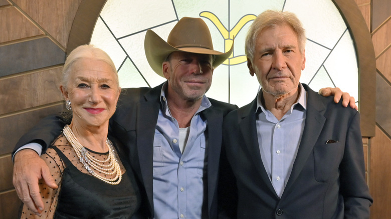 Helen Mirren, Taylor Sheridan, and Harrison Ford pose for 1923 event