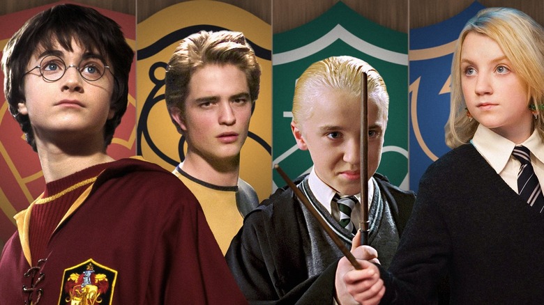 Harry, Cedric, Draco, and Luna posing