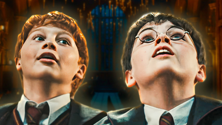 Ron and Harry looking scared in Harry Potter and the Philosopher's Stone with Hogwarts in the background (2026)