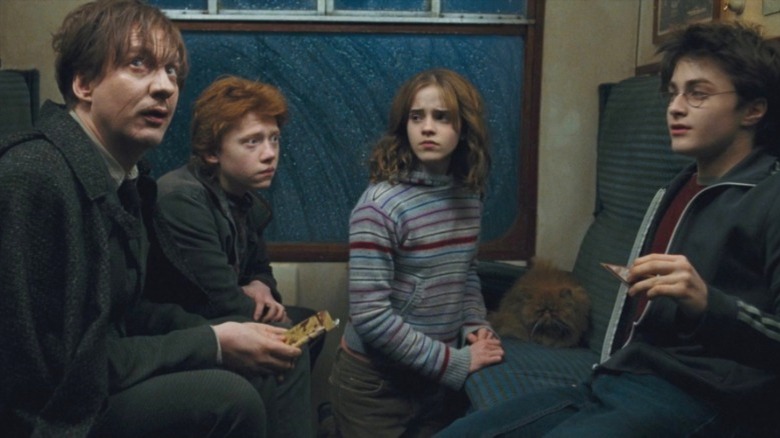 Remus, Ron, Hermione, Harry on train