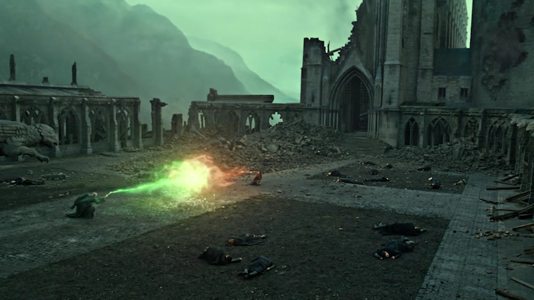 Voldemort and Harry Potter dueling in Harry Potter and the Deathly Hallows: Part 2
