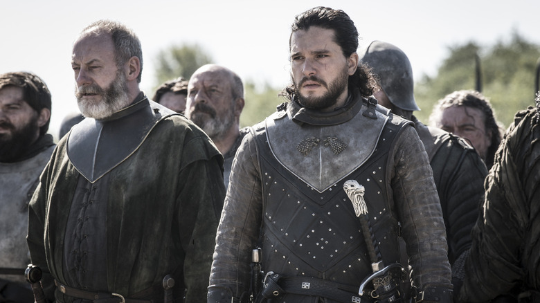 Jon Snow and his allies gazing upon something dreadful in "Game of Thrones"