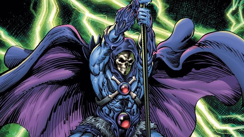 Skeletor plunges a sword with green lightning around him