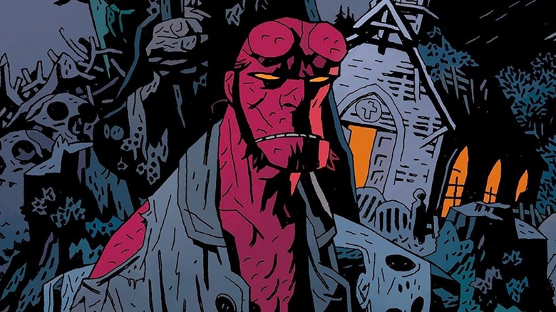 Hellboy in front of a church
