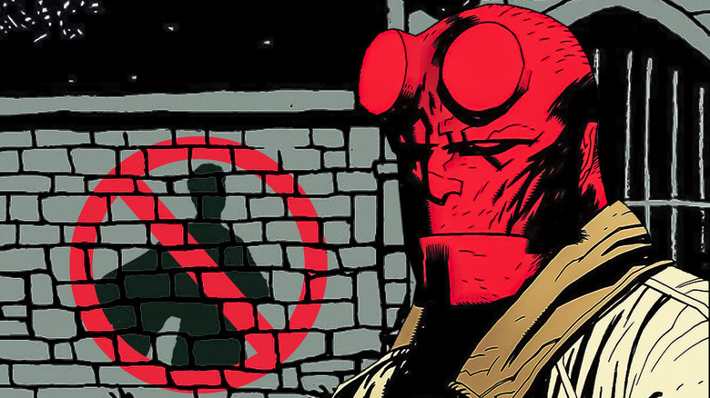 Hellboy standing in front of a "No Superheroes" sign