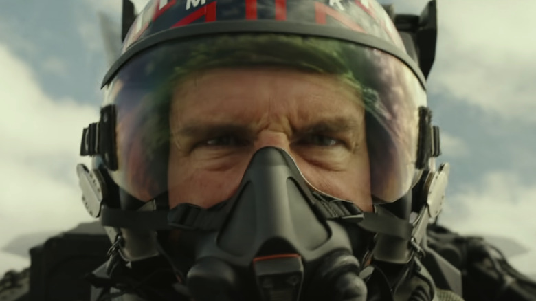 Tom Cruise in Top Gun Maverick flying a jet