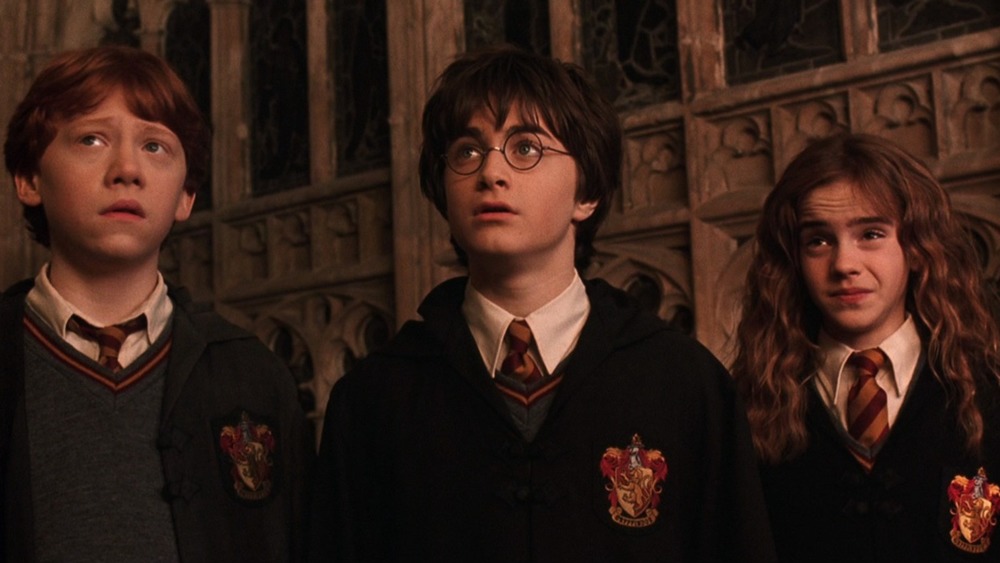Harry, Ron, and Hermione in their Hogwarts robes in Harry Potter and the Chamber of Secrets