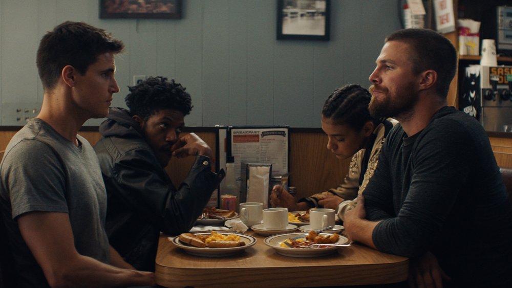 Robbie Amell, Vlad Alexis, Laysla De Oliveira, and Stephen Amell in Code 8