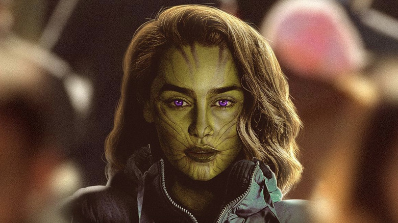 Emilia Clarke wearing jacket as a Skrull