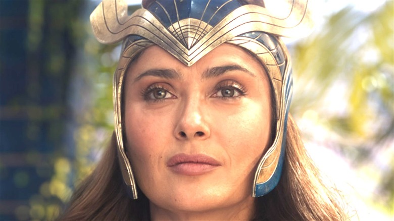Salma Hayek as Ajak, the wise leader of the "Eternals," in a scene from the movie 