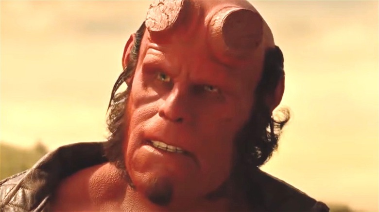 Ron Perlman as Hellboy looking annoyed