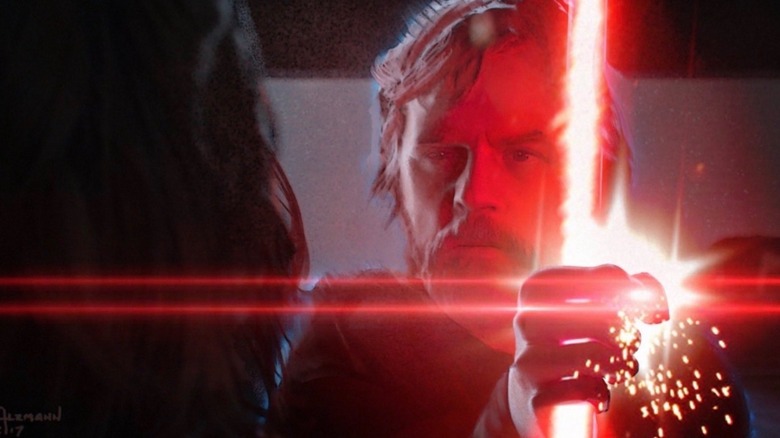 Concept art of Luke's Force ghost appearing before Kylo Ren from "Star Wars: Episode IX - Duel of the Fates"
