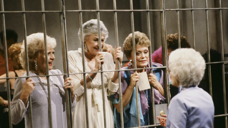 Rose, Dorothy, and Blanche talking to Sophia through jail cell bars in "The Golden Girls"