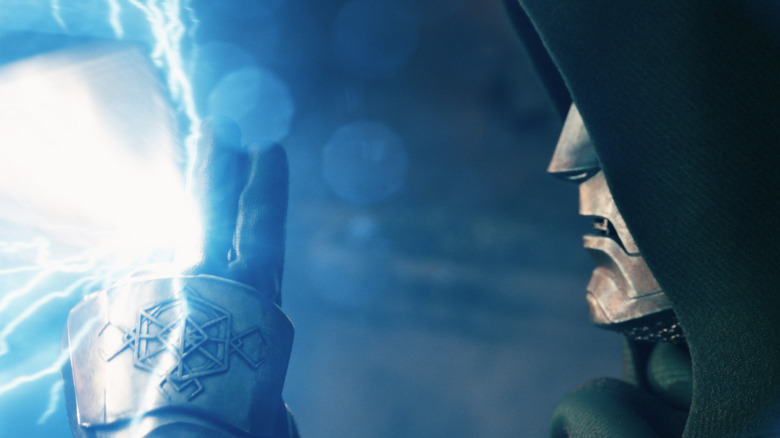Doctor Doom stopping a lighting attack from Thor with his hand in Avengers: Doomsday (2026)