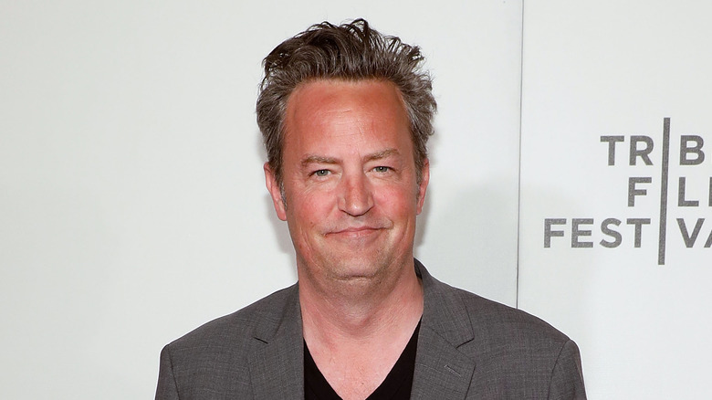 Matthew Perry smirking brown jacket