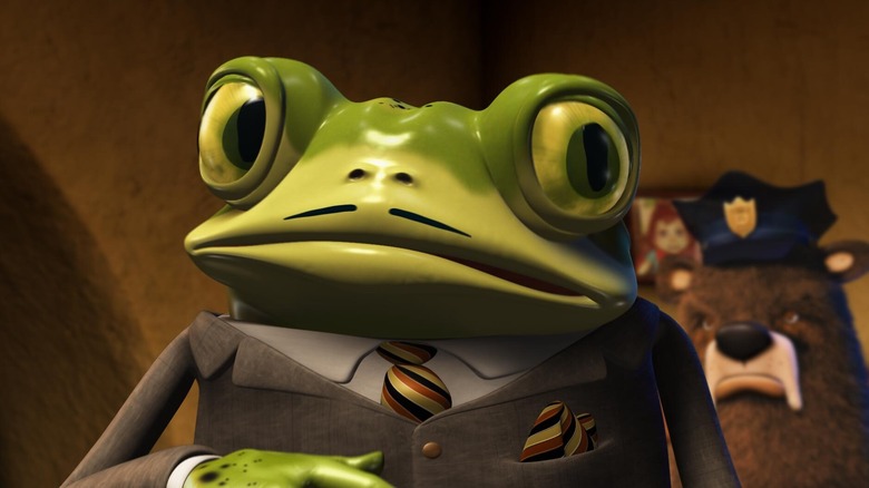 Nicky Flippers grimacing while Chief Grizzly stands in the background in Hoodwinked!