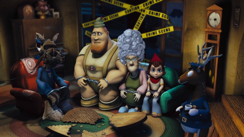 Wolf, Kirk the Woodsman, Granny, and Red in handcuffs in Hoodwinked!