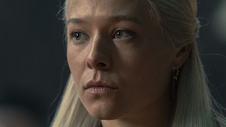 Queen Rhaenyra Targaryen wearing gold earings