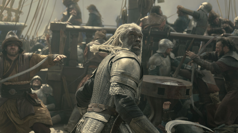 Corlys fighting in the Battle of the Gullet on House of the Dragon
