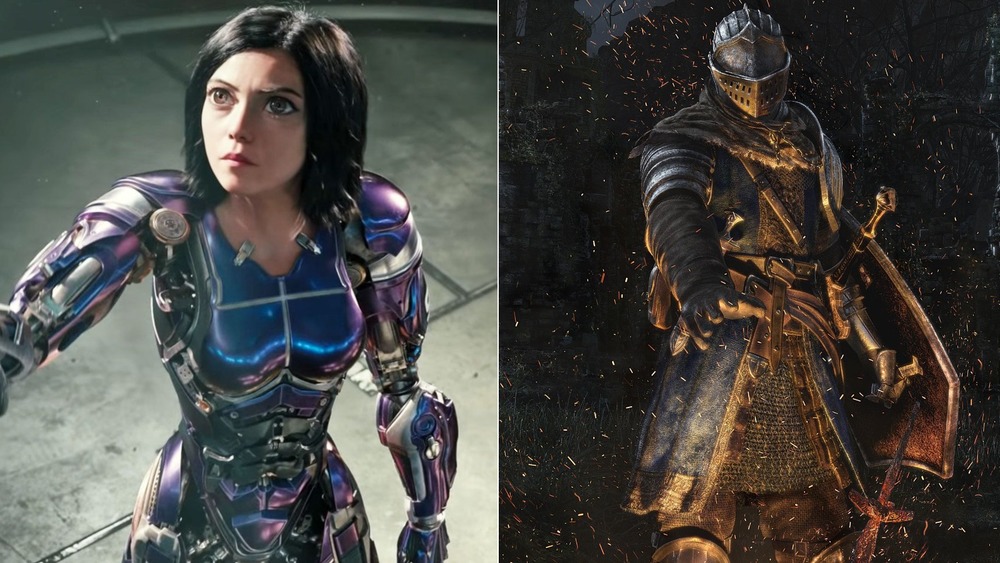 Rosa Salazar as Alita in Alita: Battle Angel and the box art of Dark Souls: Remastered