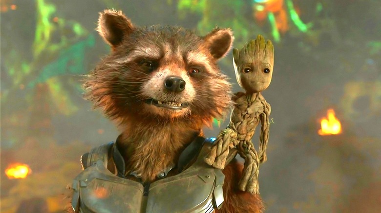 Baby Groot on Rocket's shoulder