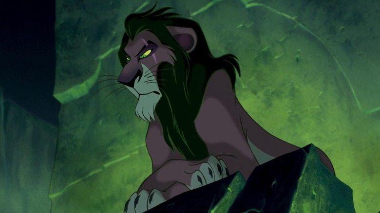 Scar sitting in his den with a sassy expression in The Lion King